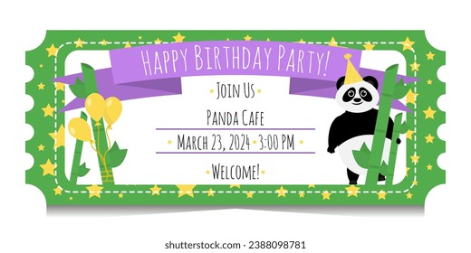 Feliz cumpleaños a los niños con pandas de dibujos animados, bambú, globos. Invitaciones a la fiesta de cumpleaños de los niños para niños y niñas. Plantillas de entradas verdes aisladas en fondo blanco.	