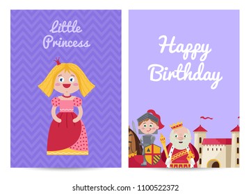 Happy birthday kids postcard with princess, knight in armor, stone castle and king wearing crown. Fairytale medieval greeting card, holiday congratulation for children party vector illustration.
