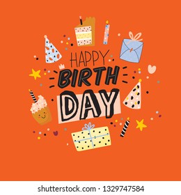 Happy Birthday Kids Poster With Cute Holiday Party Elements; Gift Box, Ballon, Cake, Candle, Hat. Isolated. White Background. Vector. Good For Decoration Children's Party