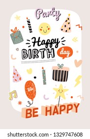 Happy birthday kids poster with cute Holiday Party elements; gift box, ballon, cake, candle, hat. Isolated. White background. Vector. Good for decoration children's party