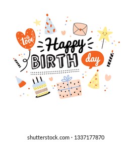 Happy birthday kids poster with cute Holiday Party elements; gift box, ballon, cake, candle, hat. Isolated. White background. Vector. Good for decoration children's party