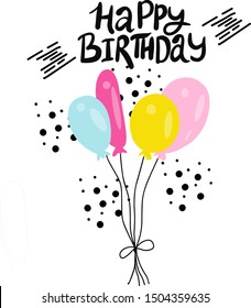 Happy birthday kids poster with cute Holiday Party elements; ballon, cake, candle, Isolated. White background. Vector. Good for decoration children's party 