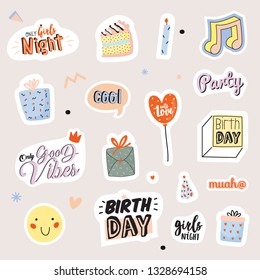 Happy birthday kids set with cute Holiday Party elements; gift box, ballon, cake, candle, hat. Isolated. White background. Vector. Good for decoration children's party