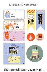 Happy birthday kids set with cute Holiday Party elements; gift box, ballon, cake, candle, hat. Isolated. White background. Vector. Good for decoration children's party