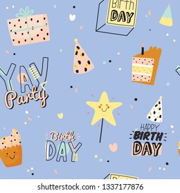 Happy birthday kids set with cute Holiday Party elements; gift box, ballon, cake, candle, hat. Isolated. White background. Vector. Good for decoration children's party