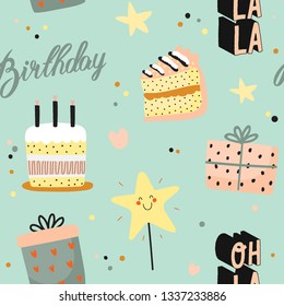 Happy birthday kids set with cute Holiday Party elements; gift box, ballon, cake, candle, hat. Isolated. White background. Vector. Good for decoration children's party