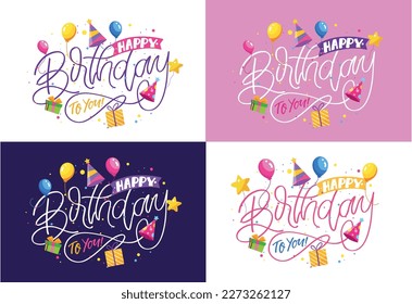 Feliz cumpleaños. Postal con carteles de doodle dibujados a mano. Cartas para el diseño de camisetas, impresión de tazas, invitación.