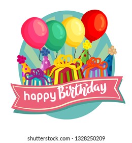 happy birthday label with present gift balloon