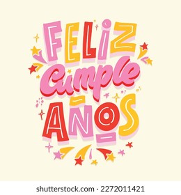 Feliz cumpleaños en español. Postal con carteles de doodle dibujados a mano. Cartas para el diseño de camisetas, impresión de tazas, invitación.