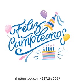 Happy birthday label in spanish. Cute hand drawn doodle lettering postcard. Lettering for t-shirt design, mug print, invitation.