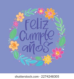 Happy birthday label in spanish. Cute hand drawn doodle lettering postcard. Lettering for t-shirt design, mug print, invitation.