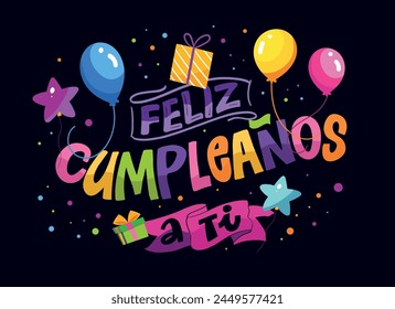 Etiqueta de feliz cumpleaños en español. Linda mano dibujado doodle carta postal. Letras para el diseño de la camiseta, impresión de la taza, invitación.