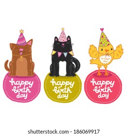 Happy Birthday labels with cat, dog and bird. Vector holiday party template