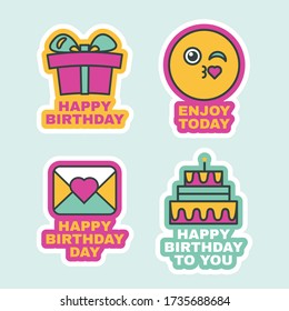 Happy Birthday Labels Comic Sticker Icons Design. Funny Decoration for Holiday Party, Greeting Card or Invitation with Present Box, Smile Face and Cake Vector Illustration