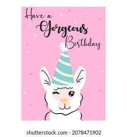 Happy birthday Lama card. Alpaca cute character with cone hat.