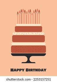 Happy birthday. Large biscuit birthday cake with cream and candles on a pink vertical background. Vector.