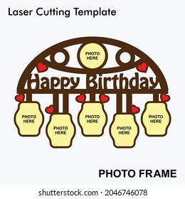 Happy Birthday laser cut photo frame with 6 photos. Best Room And Home decor wooden sublimation frame template. Best Birthday Gift. Laser cut photo frame template design for mdf and acrylic cutting.