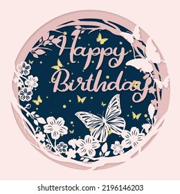 Happy Birthday layered card  paper cut art style  3D paper craft  Birthday card and butterflies   flowers  Shadow box