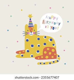 Happy Birthday leopard animal paper shape cutouts style vector illustration. Scandinavian childish wild party pre-made print design.