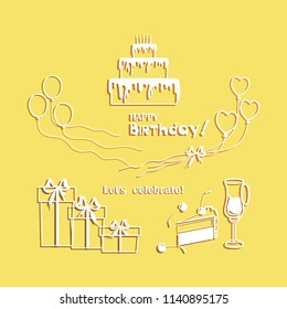 Happy Birthday. Let's celebrate! Set. Elements of the template for the birthday invitation are ready for the development of a thematic banner.