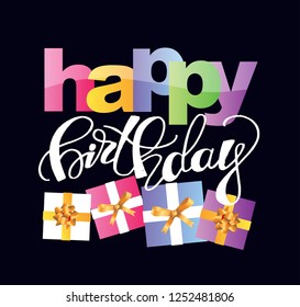Happy birthday lettering banner with present box gift card