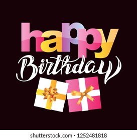 Happy birthday lettering banner with present box gift card