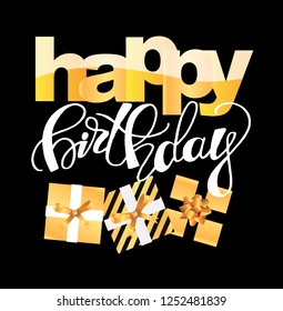 Happy birthday lettering banner with present box gift card