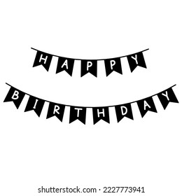 Happy birthday lettering in black bunting hand drawn. Vector happy birthday flags. Printable template flags. Happy birthday vector illustration