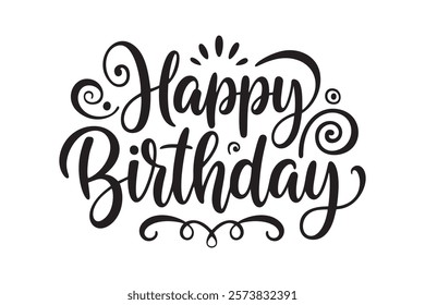 happy birthday lettering in black hand-drawn calligraphy with decorative swirls, perfect for greeting cards, invitations, party decorations