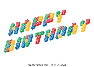 Happy Birthday Lettering with Builders Bricks. Kids Construction Building Kit Vector. Celebratory Birthday Asset for Card Making.