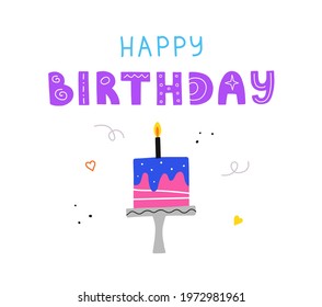 Happy Birthday Lettering With Cake Flat Greeting Card Template. Bday Celebration.