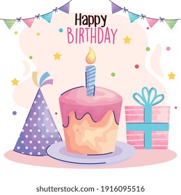 happy birthday lettering with cake and gift acuarela style vector illustration design