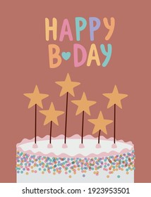 happy birthday lettering with birthday cake and stars candles vector illustration design