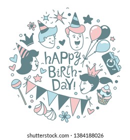 Happy Birthday lettering calligraphy phrase festive background. Congratulations wishes vector illustration. B-day party kids boys girls clipart. Anniversary celebration greeting card poster template