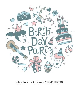 Happy Birthday lettering calligraphy phrase festive background. Congratulations wishes vector illustration. B-day party kids boys girls clipart. Anniversary celebration greeting card poster template
