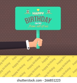 Happy Birthday Lettering Card Hold Hand Flat Vector Design Background