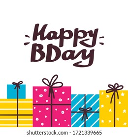 Happy birthday lettering card. Holiday text and decorations. Vector element isolated on white.