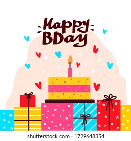 Happy birthday lettering card. Holiday text and decorations. Vector element isolated on white.