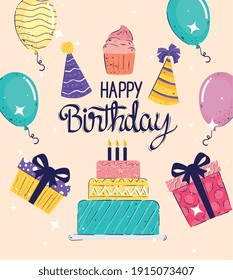 happy birthday lettering celebration with set icons vector illustration design