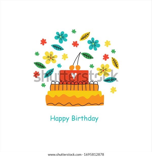 誕生日の文字 おめでとう花のベクター画像境界 Bデーケーキのクリップアート お祝いの挨拶カードテンプレート のベクター画像素材 ロイヤリティフリー