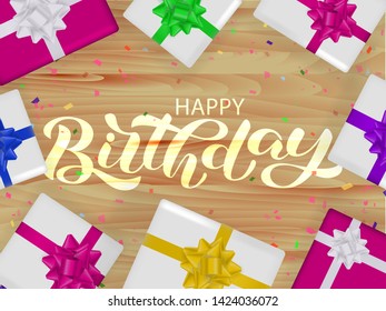 Happy birthday lettering. Congratulatory quote for banner or postcard. Vector illustration