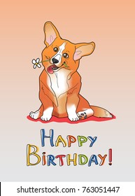 Happy Birthday lettering with Corgi puppy illustration