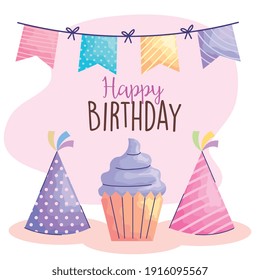 happy birthday lettering with cupcake and hats acuarela style vector illustration design