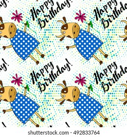 "Happy birthday" lettering with doodle cow character seamless pattern