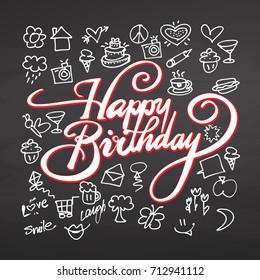 Happy birthday lettering and doodles on chalkboard, handdrawn vector sketch, clean outlines, vintage style blackboard.