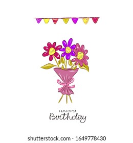 Happy Birthday lettering frame drawn by hand in doodle style . Congratulations and wishes in flowers . Anniversary celebration.