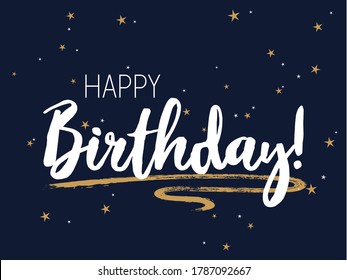 Happy Birthday lettering, greeting card calligraphic design with gold star sparkles. White Happy Birthday typography template. Card banner with handwritten text. B-day greeting poster.