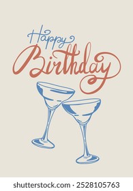 Happy birthday lettering, greeting card with glasses