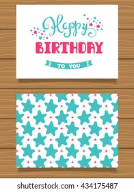 Happy Birthday Lettering greeting card and its reverse side with an abstract design