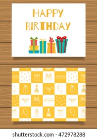 Happy Birthday. Lettering greeting card and its reverse side with an abstract design.